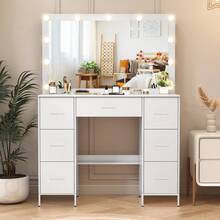 White Dressing Table With Led Lighting Mirror, Drawers & Large LED Mirror, 11 LED Bulbs Adjustable Brightness, Vanity Makeup Desk With LED Mirror Bedroom, Modern Design Bedroom Furniture