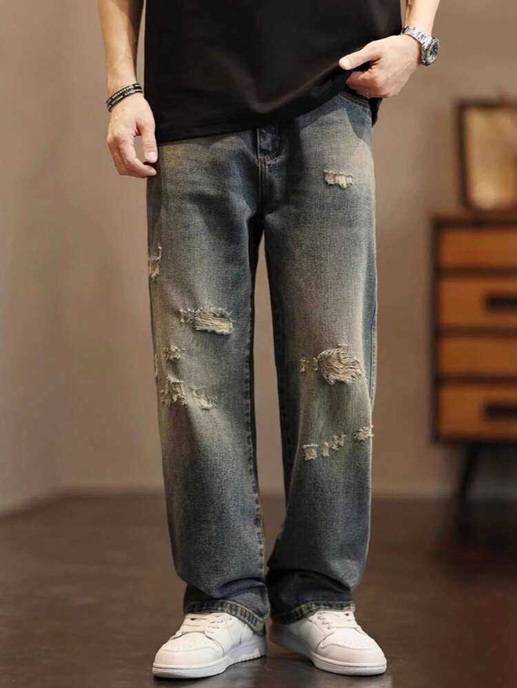 香港复古蓝破洞牛仔裤男夏季薄款宽松直筒潮流百搭阔腿休闲长裤子 - ブルー - 見る 4