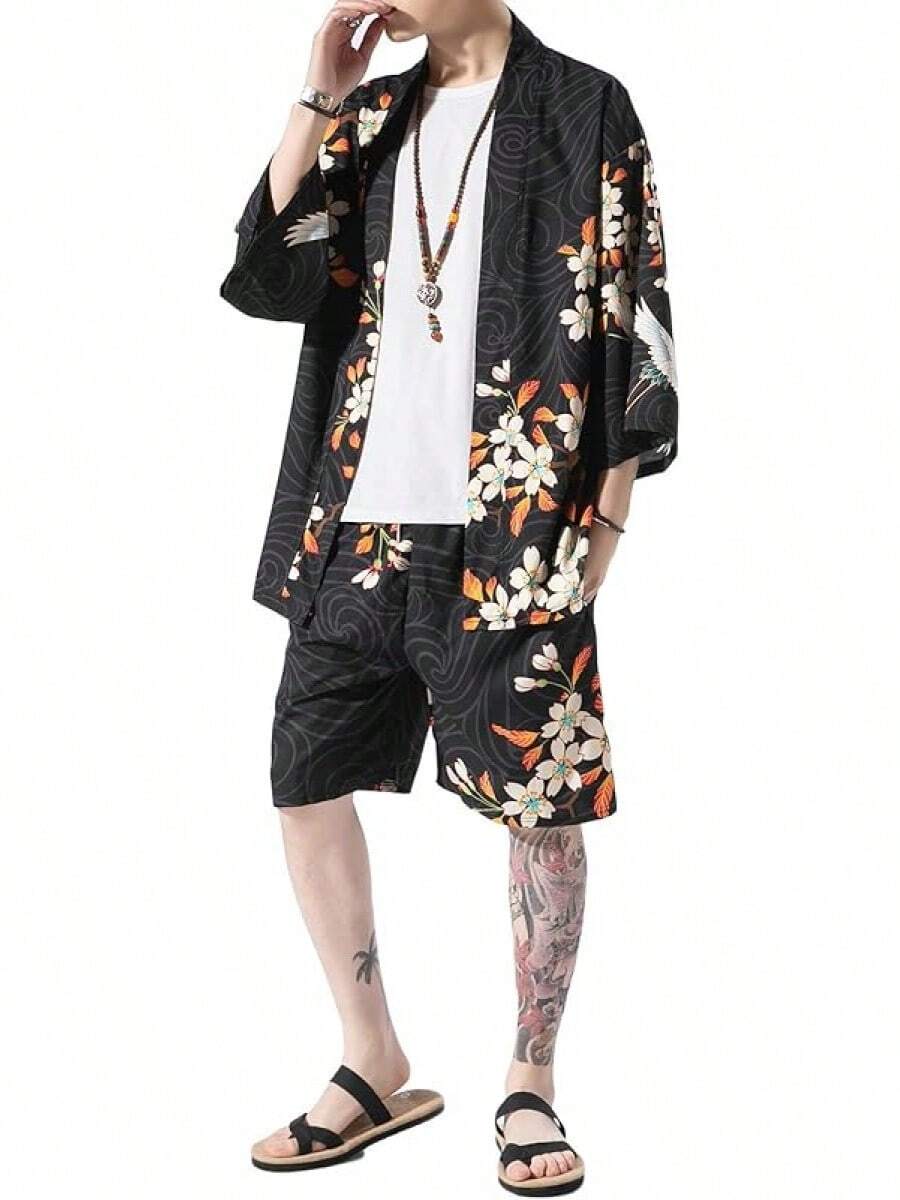 PRIJOUHE Japanese Kimono Men Lightweight Open Front Kimono Bathrobe With Shorts 2 Piece Summer Beach Outfits - màu đen - Xem 1