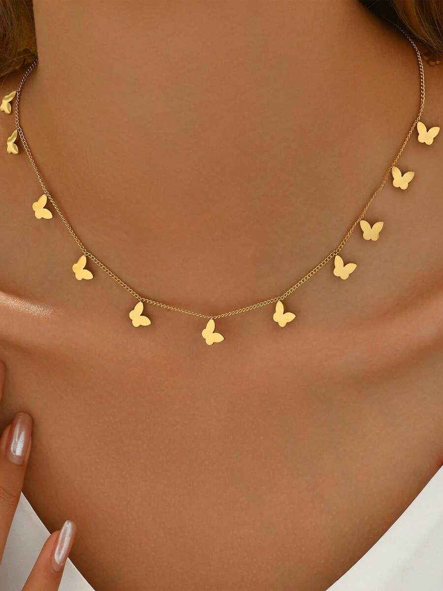 Tkool 1 件时尚简约金色不锈钢蝴蝶吊坠项链颈链锁骨链女士首饰（吊坠数量随机） - 金黃色 - 查看 1