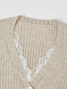 Lace Patchwork V-Neck Ribbed Knit Sweater Women, New Spring Autumn White Soft Style Slim Fit Long Sleeve 2 In 1 Tops - Oatmeal - View 5