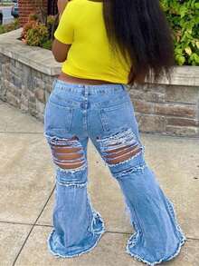 Damen Große Größen Street Style Destroyed Schlagjeans, modische Damen Große Größen für Herbst/Winter - Blau - Übersicht 5