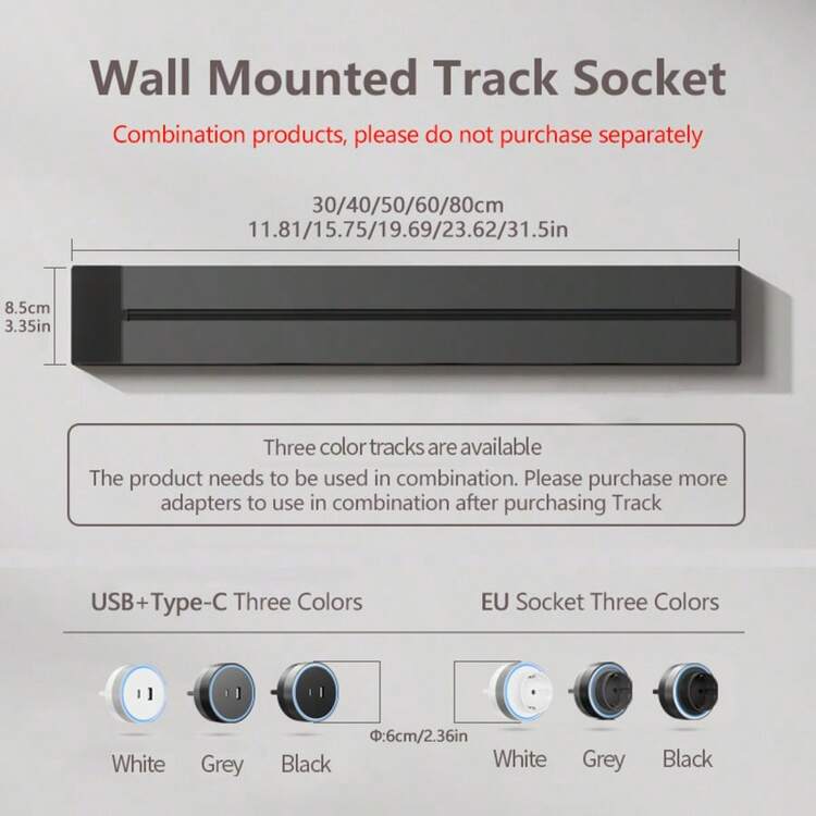 Guide Rail Socket EU Standard Power Adapter Removable Rotary Switch Wall-Mounted Track Can Directly Replace 86-Type Wall Panel Suitable For Kitchen, Living Room, Bedroom, Office, Conference Room Power Expansion Device Black/White/Gray With 360° Ring LED Indicator Light Can Be Optionally Equipped With USB+C Charging Interface Free Combination - White - View 3