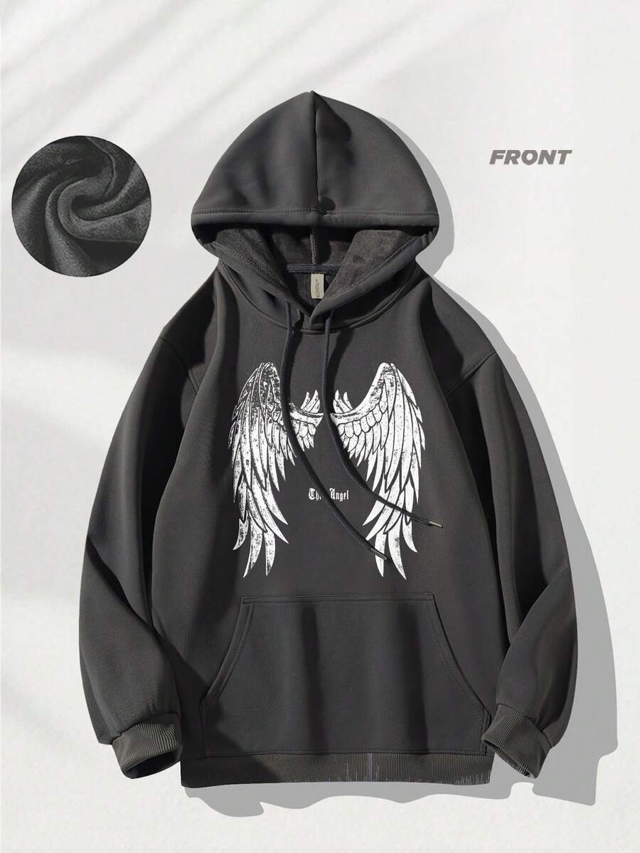 Hooded Sweatshirt Black Angel Wings Print Casual Wear For Daily Use - Grey - View 1