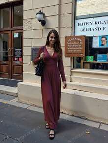 Vestido Casual Mujer,Vestido con aplicación de encaje y abertura alta,Vestido Ajustado Elegante Noche Mujer Dama,Vestido elegante para fiesta con cuello asimétrico,Vestido Ajustado Largo Sexy Casual  Manga Larga Curvy - Burdeos - Ver 3