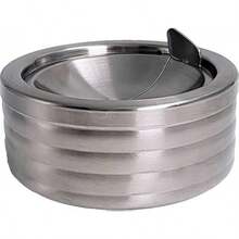 Cenicero clásico de metal plateado ranurado con tapa para cigarrillos, ceniceros a prueba de viento para exteriores, puede patio, exterior, decorativo, para interiores y exteriores - Plata acanalada - Ver 9