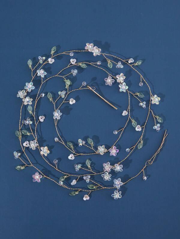 1pc Flower, Leaf And Vine Design 42.5 Inch Bridal Headband, Bride's Hair Accessory Suitable For Wedding, Party, Birthday Occasion
