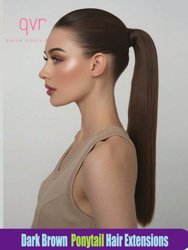 QVR QUEEN VIRGIN REMY Extensiones de pelo con coleta de cabello humano QVR, rectas y con cordón, aspecto natural de cabello castaño oscuro, de cabello humano remy para mujeres