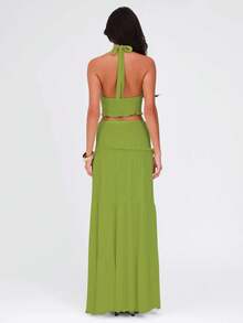 女士休闲褶皱荷叶边露脐吊带背心和迷你裙两件套，适合春夏派对、度假、夜生活等场合。 - 綠色 - 查看 6