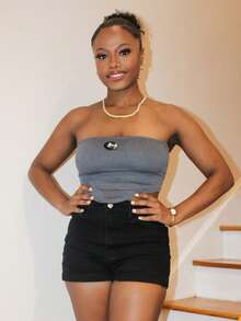 Steph T Ribbed Knit Patch Detail Bandana Hem Crop Tube Top - Dark Grey - View 2