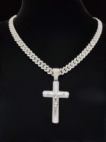 1pc Cubic Zirconia Cross Jesus Pendant With 1pc 9mm Vintage Cuban Chain Necklace, Unisex Fashion Hiphop Retro Pendant Necklace, Suitable For Daily Wear Or Parties, Valentine's Gift, 2 Style Necklace Options