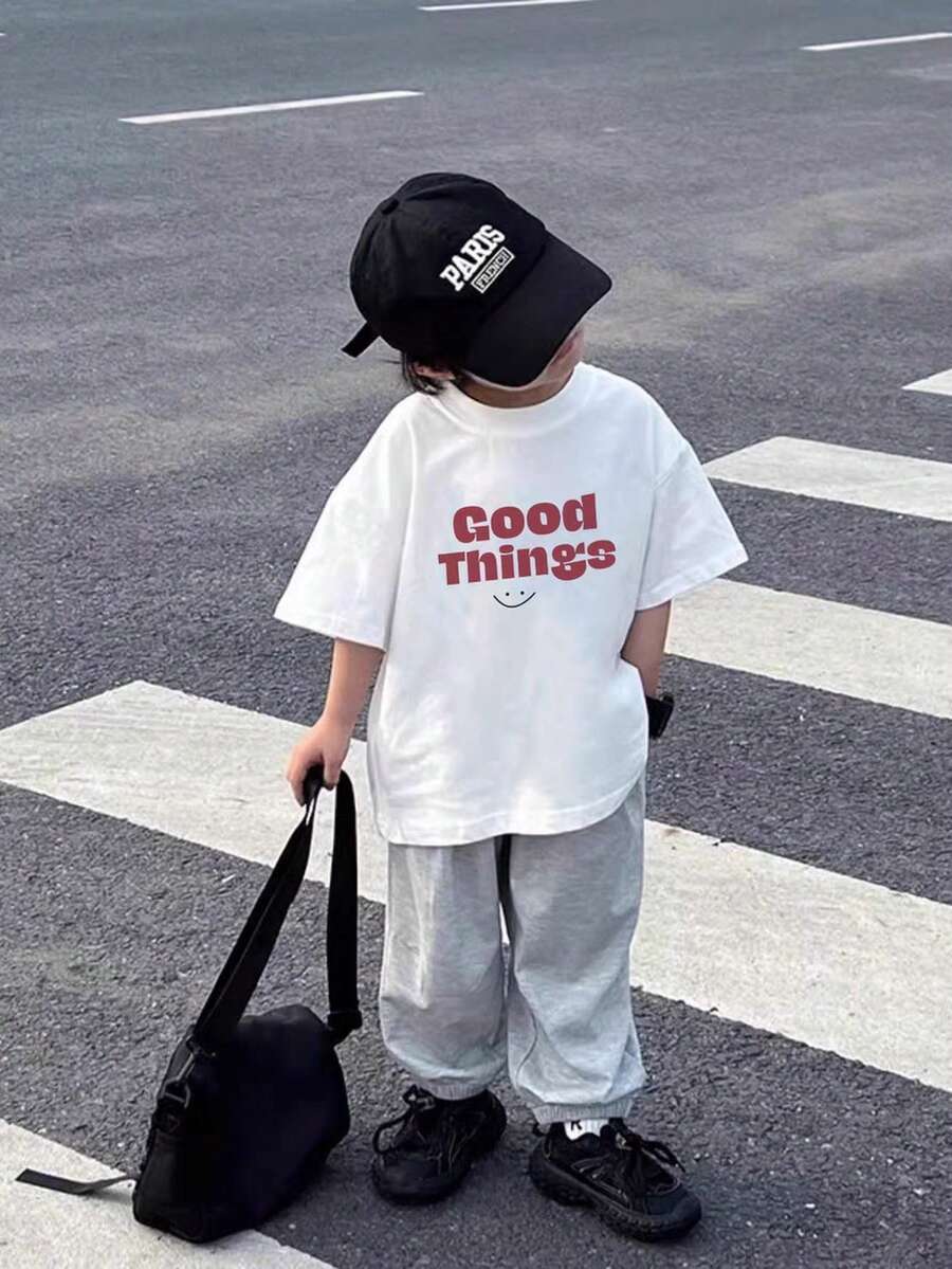 Boys Casual Print Round Neck Short Sleeve T-Shirt Summer Student Youth Kids Clothing - 白色 - 查看 1