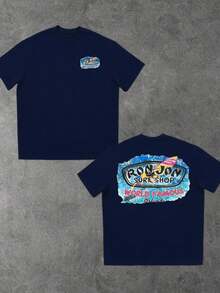 Surf Shop Design Men Round Neck T Shirt 1Pcs 100% Cotton Double Sided Digital Printing 220g Heavyweight T Shirt - 藍色 - 查看 1