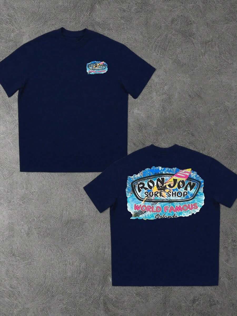 Surf Shop Design Men Round Neck T Shirt 1Pcs 100% Cotton Double Sided Digital Printing 220g Heavyweight T Shirt - 藍色 - 查看 1