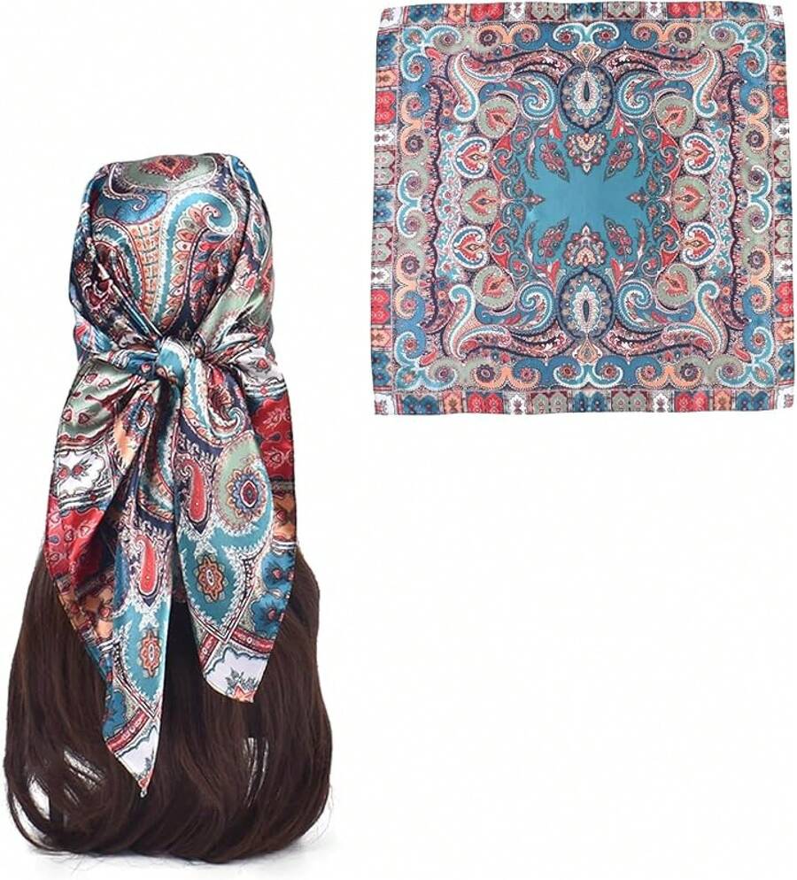 35 Inches Silk Head Scarf-Satin Hair Scarves Silk Bandana Scarf Headscarf For Women's Fashion Scarveshalloween - 佛藍腰果 - 查看 1