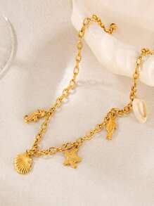 1 pieza Collar con estilo oceánico con colgante de estrella de mar, concha y pez, collar de moda para vacaciones en la playa y uso diario
