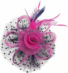Derby Fascinators Women High Tea Party Hat Wedding Cocktail Flower Headware With Mesh And Feathers - Rose & Navy - View 2