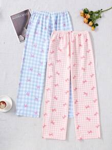 2 sztuki spodni piżamowych w kratę dla kobiet, luźne spodnie wypoczynkowe z kokardką, spodnie do spania dla kobiet, ubrania na jesień