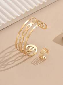 2pcs/Set Geometric Intersected Metal Effect Bangle Bracelet And Ring Set, Suitable For Daily Wear And Leisure Vacation