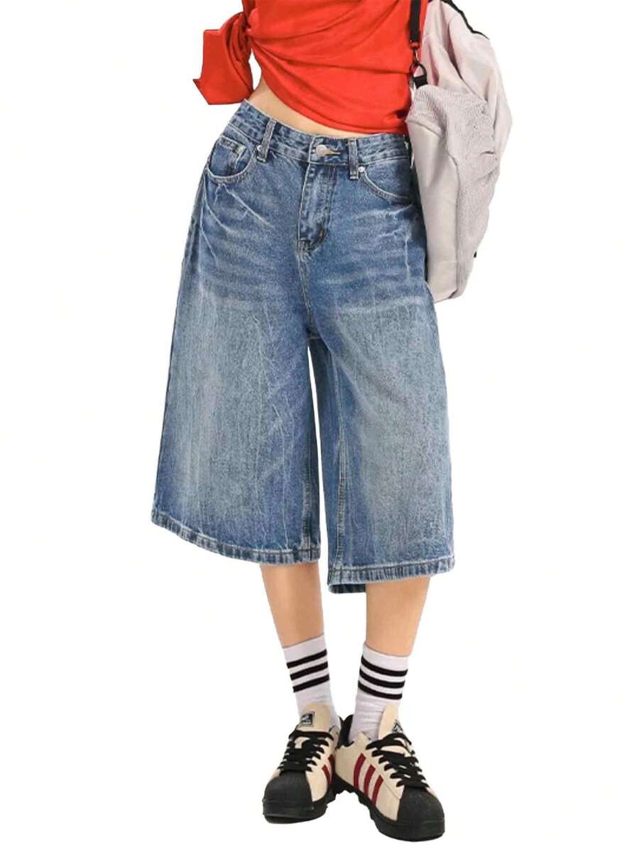 Womens Jorts Jean Baggy Shorts Casual 2026 Summer Wide Leg Long Denim Shorts Y2K Streetwear - Màu xanh 1 - Xem 1