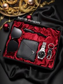 五件套时尚男士合金表带石英表，含钱包、太阳镜、钥匙扣和钢笔，是理想的礼品套装。 - 數列鋼帶套裝 - 查看 2