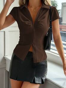 Y2K Collegiate Style Buttoned Collared Casual Cute Pleated Fitted Short Sleeve Brown Shirt, Spring, Girlfriend Aesthetic, Graduation Season, Valentine's Day - Brown - View 8