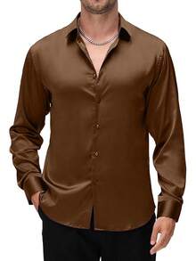 Mens Luxury Satin Dress Shirt Long Sleeve Silk Shiny Sateen Party Shirt - Coffee - View 1