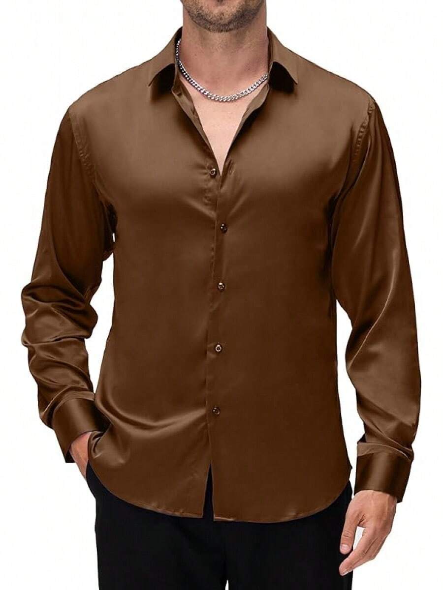Mens Luxury Satin Dress Shirt Long Sleeve Silk Shiny Sateen Party Shirt - Coffee - View 1
