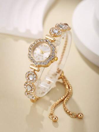 LUCKYFOX 女士石英腕表，青年学生优雅时尚水晶花瓣设计手链，可调节表带，适合日常佩戴，礼物