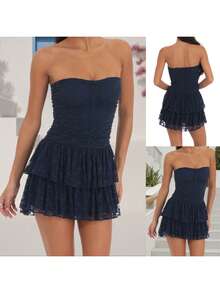 Women's Summer Lace Mini Tube Dress Strapless Low Cut Ruched Ruffled Hem A Line Dress Streetwear - Navy Blue - View 2