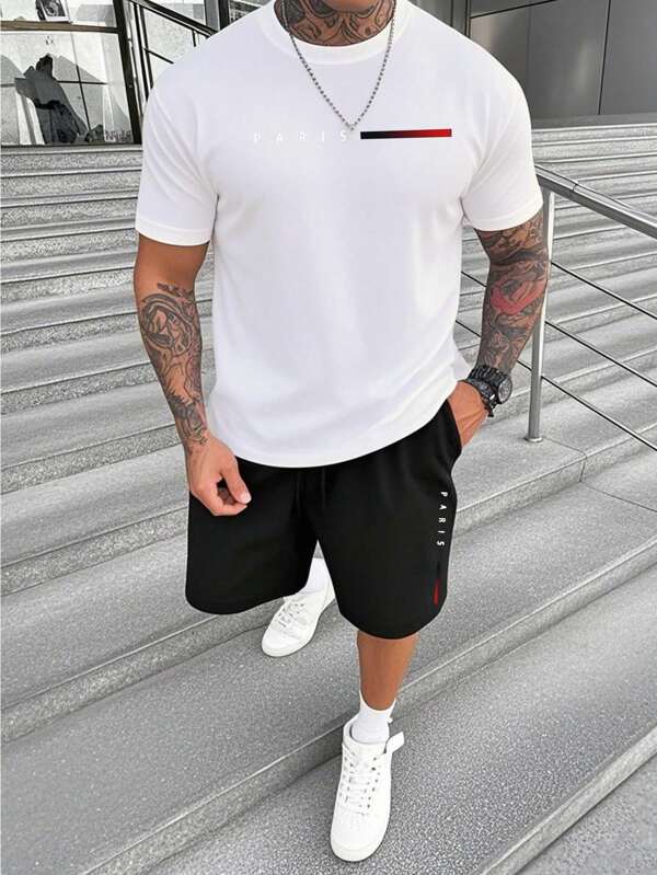 2 Pieces Short Sets Men's Fashion Contrast Trim T-Shirt And Shorts Sportswear Set Short Sets Men Men Two Pieces Short Sets Men Short Sets