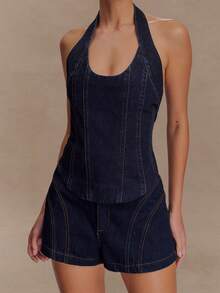 Women's 2 Piece Denim Outfits Solid Color Sleeveless Halter Neck Tank Tops Shorts Sets - Navy Blue - View 1