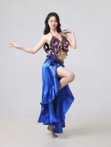 3Pcs Belly Dance Outfit For Women - Embroidered Sequins Skirt With High Split, Chiffon Sexy Crop Top & Shiny Hip Scarf Belt | Viral Arabic Dance Costume Set