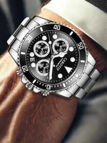 新款男士商务简约夜光钢带时尚多功能日历石英表