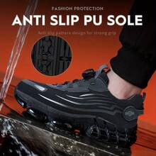 Men'S Comfortable Button Air Cushion Sole Shock-Absorbing Breathable Anti-Puncture Work Shoes - Black & Gray, Lace-Up Safety Shoes For Men, Industrial Footwear, Sleek Design, Durable Construction, Metal Toe Protection, Metal Toe Shoes - 黑色 - 查看 2