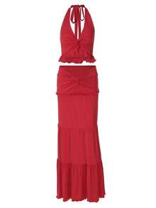 女士休闲褶皱荷叶边露脐吊带背心和迷你裙两件套，适合春夏派对、度假、夜生活等场合。 - 紅色 - 查看 4