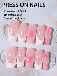 24 片长方形 3D 立体凝胶指甲制作花朵指甲与珍珠装饰设计白色法式亚克力按压指甲长完美贴合假指甲套装，易于佩戴夏季指甲和法式尖头指甲艺术适合女性女孩日常工作穿着狂欢派对使用指甲用品指甲