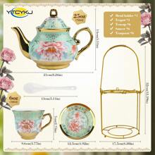 20-Piece European Floral Tea Set - 700ml Ceramic Teapot & 6x160ml Gold-Trimmed Cups With Saucers, Elegant Afternoon Tea Service For Women, Weddings & Parties - Includes Metal Holder