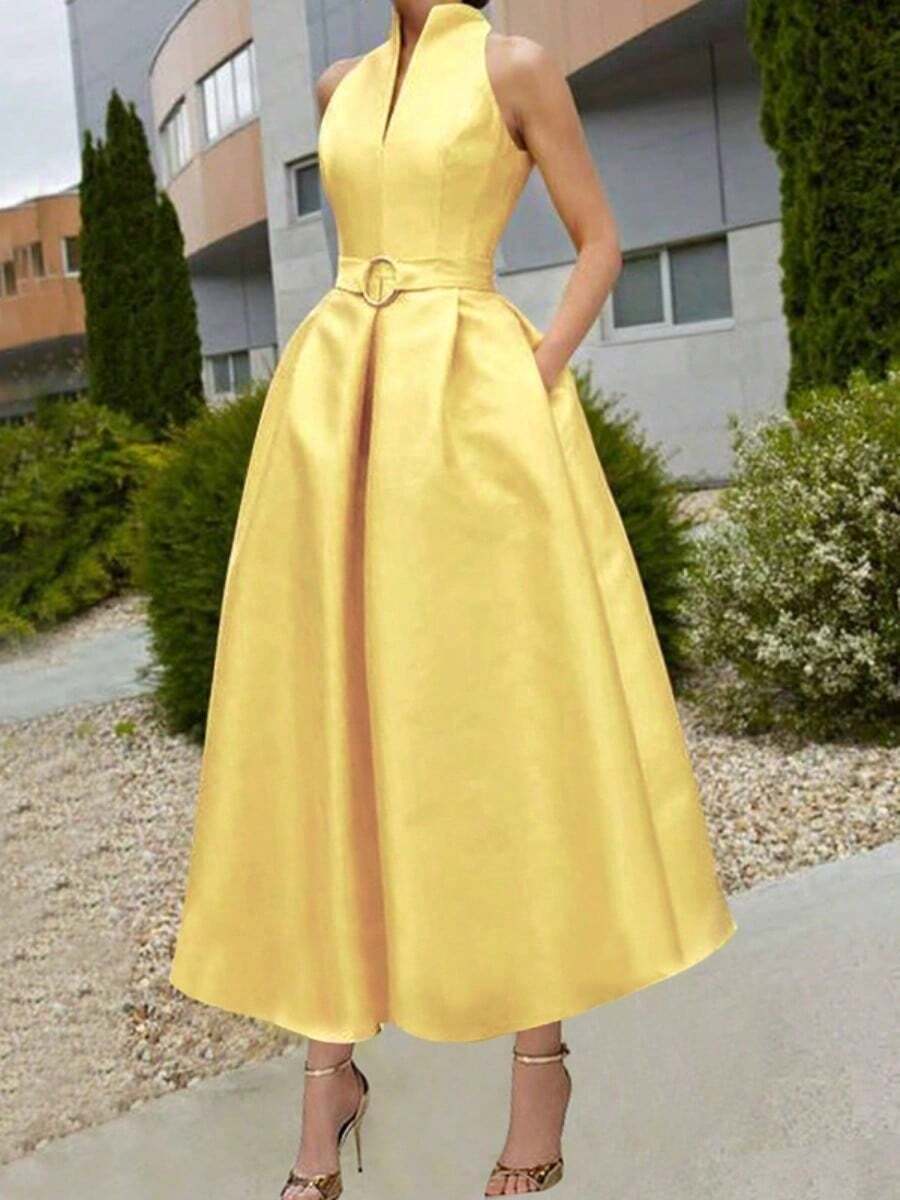 Women's Solid Color Midi Dress V-Neck Sleeveless High Waist Pleated Party Dresses - Màu vàng - Xem 1