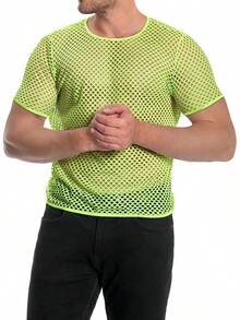Men's Mesh Fishnet Top Short Sleeve Sheer See Through T Shirt Fitted Muscle Blouse Clubwear - Fluorescent Green - 查看 4