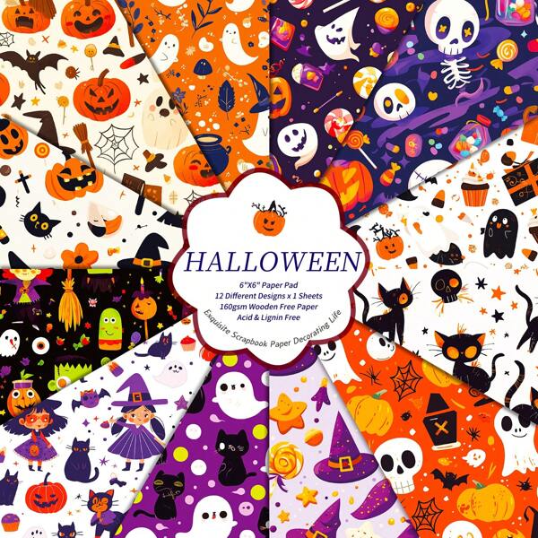 12 Blatt Halloween Scrapbooking Papier, süße, gruselige und lustige Designs mit Hexen, Kürbissen, Gespenstern und Süßigkeiten. Ideal für Scrapbooking, Grußkarten-Herstellung, DIY-Geschenke, Halloween-Bastelarbeiten, Journal, Feiertags-Dekoration, Geburtstag, Abschluss, Schulanfang.