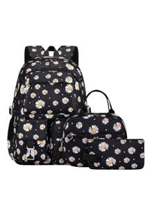 Set 3 buc. rucsac imprimat cu cutie de prânz și penar, design cu compartimente multiple, închidere cu fermoar, căptușeală din poliester, curea de umăr reglabilă, buzunar lateral pentru sticlă de apă, potrivit pentru utilizare zilnică, exterior, călătorii, rucsac din poliester impermeabil și durabil, cadou pentru întoarcerea la școală