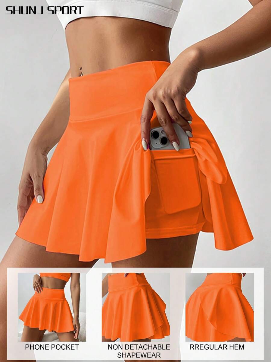 High Waist White Tennis Skorts, 2 In 1 Anti-Flashing Golf, Badminton, Fitness Shorts Skirt With Pockets, Summer Sports Skirt Leggings, Side Pockets Outdoor Running Exercise New Women Skorts - Orange - View 1