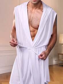 Men's Pajamas Summer Thin Pure Black And White Hooded Robe Two-Color Two-Piece Casual Comfortable Sexy Lazy Feeling Robe - Black and White - View 4