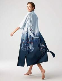 Women's Long Satin Silky Kimono Robe - Japanese Bathrobe Nightgown Loungewear Blouse - Plum - Gradient Gray - View 5