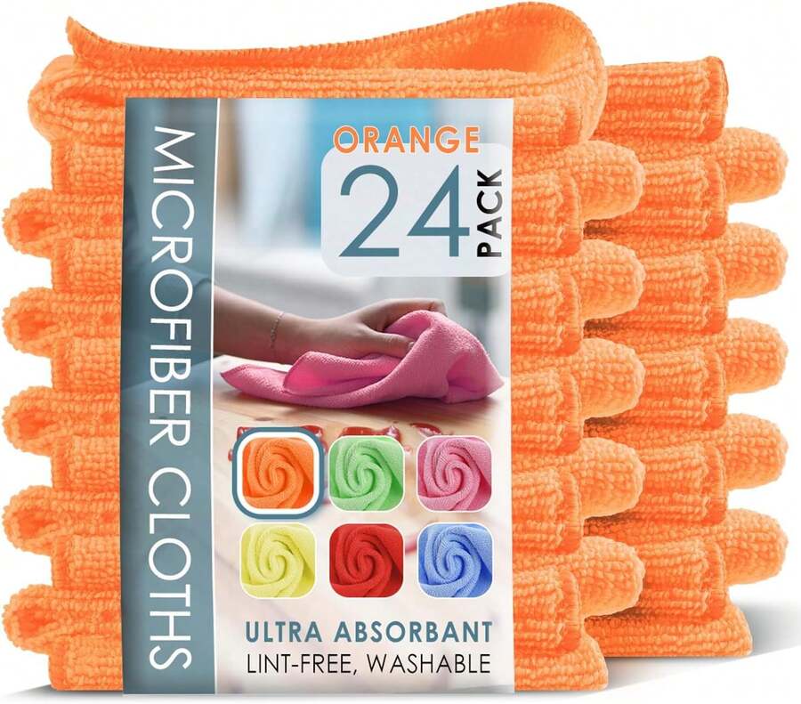 Microfiber Cleaning Cloth, Microfiber Towels For Car 24 Pack Washcloths, Orange Cleaning Rag, Reusable Microfiber Towel, Microfiber Cloth Rag Cleaning, Lint Free Cloth 12/Inchx12/Inch - 橘色 - 查看 1