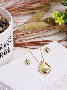 "Round Pendant Necklace And Gold Earrings Set – Minimalist Elegance For All Occasions" - 水滴 - 查看 1