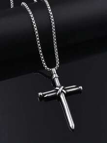 不锈钢扭曲十字架吊坠项链，时尚简约设计，男女通用宗教基督教珠宝 - 銀色 - 查看 3