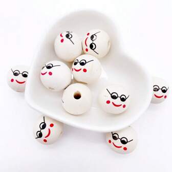 10pcs/Bag 20mm Round Smiling Face Wooden Beads, Natural Wood Color, DIY Jewelry Accessories