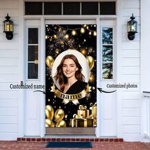 1pc Customized Photo & Name Polyester Banner - Black Gold Balloon & Gift Box Design, Birthday Party Decor, Indoor/Outdoor Use, Personalized Entrance Door Garden Background, Celebration Background Festival Party Banner, Easy Installation Decor, Party Supplies - Halloween, Christmas, Easter, Father's Day, Mother's Day, Thanksgiving, Wedding, Valentine's Day Holiday Gift - Multicolor - View 4